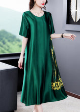 Load image into Gallery viewer, Loose Blackish Green O Neck Print Silk Long Dress Summer