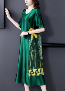 Loose Blackish Green O Neck Print Silk Long Dress Summer