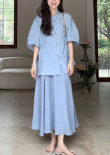 Load image into Gallery viewer, Loose Blue Button Solid Cotton Two Pieces Set Half Sleeve