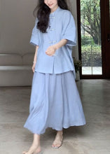 Load image into Gallery viewer, Loose Blue Button Solid Cotton Two Pieces Set Half Sleeve