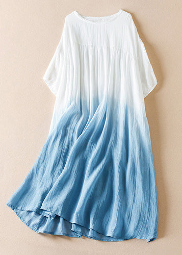 Loose Blue Gradient Color O Neck Cotton Dresses Half Sleeve