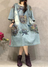 Load image into Gallery viewer, Loose Blue O Neck Print Side Open Denim Dress Summer