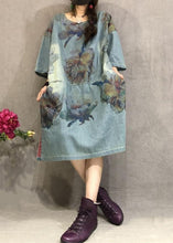 Load image into Gallery viewer, Loose Blue O Neck Print Side Open Denim Dress Summer