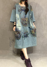 Load image into Gallery viewer, Loose Blue O Neck Print Side Open Denim Dress Summer