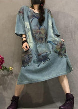 Load image into Gallery viewer, Loose Blue O Neck Print Side Open Denim Dress Summer