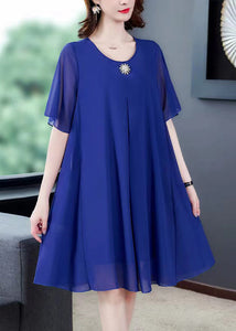 Loose Blue O Neck Solid Chiffon Dresses Summer