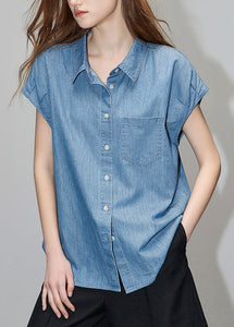 Loose Blue Peter Pan Collar Button Denim Shirt Short Sleeve