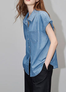 Loose Blue Peter Pan Collar Button Denim Shirt Short Sleeve