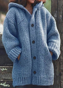 Loose Blue Pockets Button Knit Hooded Coat Fall