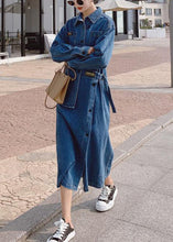 Load image into Gallery viewer, Loose Blue Pockets Button asymmetrical design Fall Denim Long sleeve Long Dress