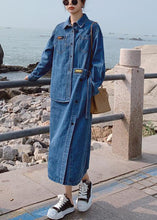 Load image into Gallery viewer, Loose Blue Pockets Button asymmetrical design Fall Denim Long sleeve Long Dress