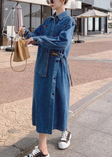 Load image into Gallery viewer, Loose Blue Pockets Button asymmetrical design Fall Denim Long sleeve Long Dress