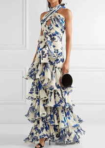 Loose Blue Ruffled Print Laxe Up Cotton Maxi Dress Sleeveless