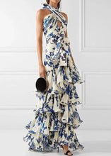 Load image into Gallery viewer, Loose Blue Ruffled Print Laxe Up Cotton Maxi Dress Sleeveless