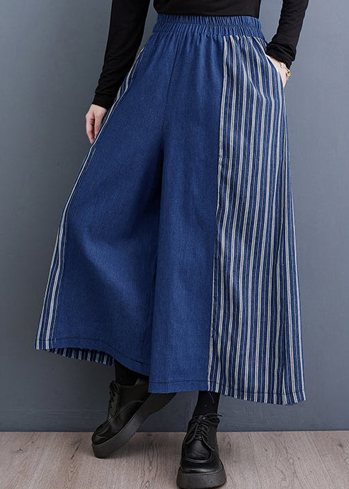 Loose Blue Striped Elastic Waist Denim Wide Leg Pants Fall