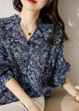 Load image into Gallery viewer, Loose Blue V Neck Print Chiffon Blouses Bracelet Sleeve