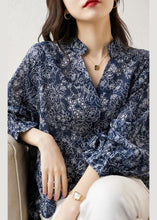 Load image into Gallery viewer, Loose Blue V Neck Print Chiffon Blouses Bracelet Sleeve