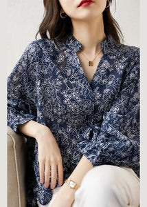 Loose Blue V Neck Print Chiffon Blouses Bracelet Sleeve