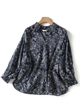 Load image into Gallery viewer, Loose Blue V Neck Print Chiffon Blouses Bracelet Sleeve