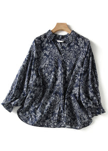 Loose Blue V Neck Print Chiffon Blouses Bracelet Sleeve