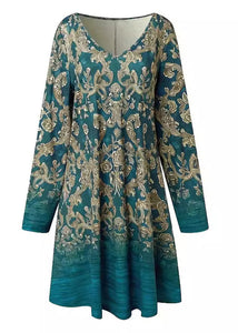 Loose Blue V Neck Print Cotton Mid Dress Long Sleeve