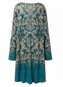 Loose Blue V Neck Print Cotton Mid Dress Long Sleeve