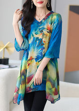 Load image into Gallery viewer, Loose Blue V Neck Print Patchwork Chiffon T Shirt Tops Half sleeve