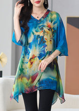 Load image into Gallery viewer, Loose Blue V Neck Print Patchwork Chiffon T Shirt Tops Half sleeve