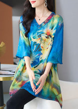 Load image into Gallery viewer, Loose Blue V Neck Print Patchwork Chiffon T Shirt Tops Half sleeve