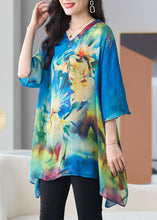 Load image into Gallery viewer, Loose Blue V Neck Print Patchwork Chiffon T Shirt Tops Half sleeve