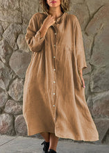 Load image into Gallery viewer, Loose Brown Stand Collar Button Cotton Blouses Dress Long Sleeve