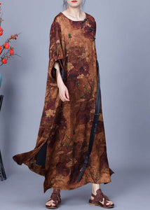 Loose Coffee Button Print Silk Maxi Dresses Bracelet Sleeve