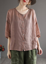 Load image into Gallery viewer, Loose Rose O-Neck Embroidered Button Linen Shirt Half Sleeve