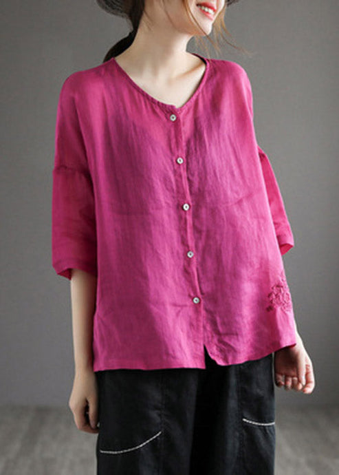 Loose Rose O-Neck Embroidered Button Linen Shirt Half Sleeve