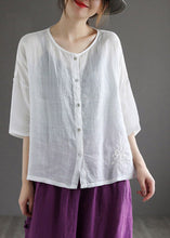 Load image into Gallery viewer, Loose Rose O-Neck Embroidered Button Linen Shirt Half Sleeve