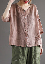 Load image into Gallery viewer, Loose Rose O-Neck Embroidered Button Linen Shirt Half Sleeve