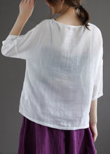 Load image into Gallery viewer, Loose Rose O-Neck Embroidered Button Linen Shirt Half Sleeve