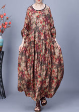 Load image into Gallery viewer, Loose Coffee O Neck Print Wrinkled Silk Long Dress Spring