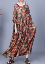 Load image into Gallery viewer, Loose Coffee O Neck Print Wrinkled Silk Long Dress Spring