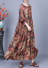 Load image into Gallery viewer, Loose Coffee O Neck Print Wrinkled Silk Long Dress Spring