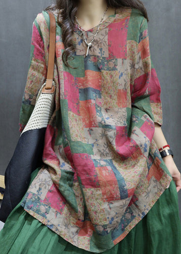 Loose Colorblock Print Side Open Linen Shirt Half Sleeve