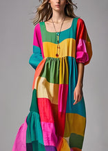 Load image into Gallery viewer, Loose Colorblock Puff Sleeve U Neck Patchwork Cotton Dresses