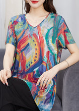 Load image into Gallery viewer, Loose Colorblock V Neck Patchwork Cotton T Shirt Top Summer