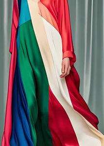 Loose Colorblock V Neck Patchwork Silk Dress Long Sleeve