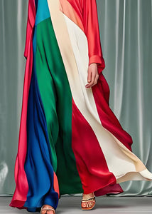 Loose Colorblock V Neck Patchwork Silk Dress Long Sleeve