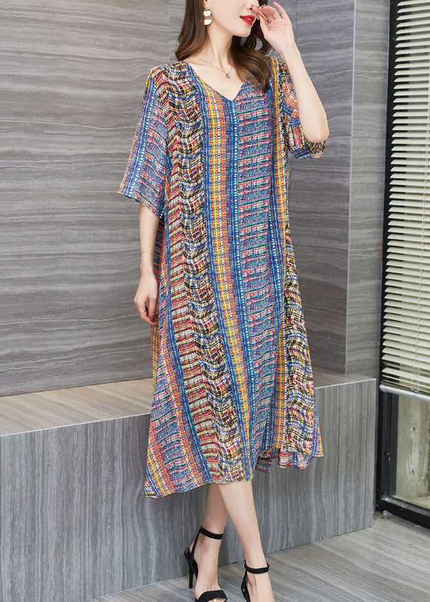 Loose Colorblock V Neck Print Patchwork Chiffon Dresses Summer