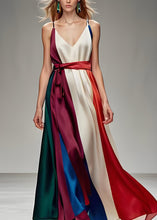 Load image into Gallery viewer, Loose Colorblock V Neck Tie Waist Silk Spaghetti Strap Dress Sleeveless