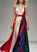 Load image into Gallery viewer, Loose Colorblock V Neck Tie Waist Silk Spaghetti Strap Dress Sleeveless