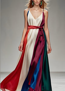 Loose Colorblock V Neck Tie Waist Silk Spaghetti Strap Dress Sleeveless