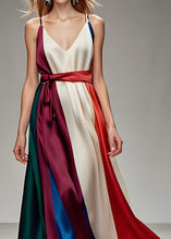 Load image into Gallery viewer, Loose Colorblock V Neck Tie Waist Silk Spaghetti Strap Dress Sleeveless